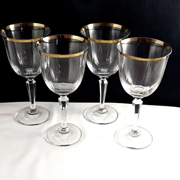 Crown Crystal Cape Cod Gold Rim Goblets 7.5" optic 24% leaded glasses 1970s 4pc - Picture 2 of 9